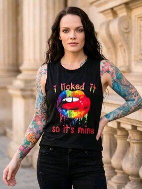 Rainbow Lips Sleeveless Tank ✦ Novelty Graphic Text Print ✦ Black Streetwear M